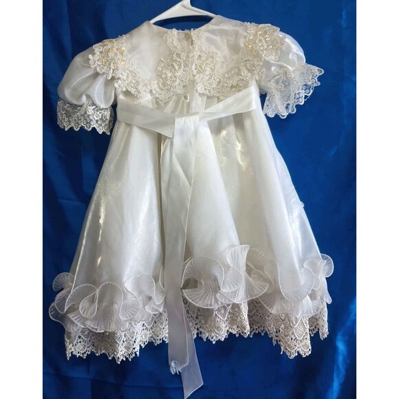 Vintage White Ruffled Lace Sequin 12-15 Mos Christening Dress Size 1 Flower Girl - Picture 2 of 9